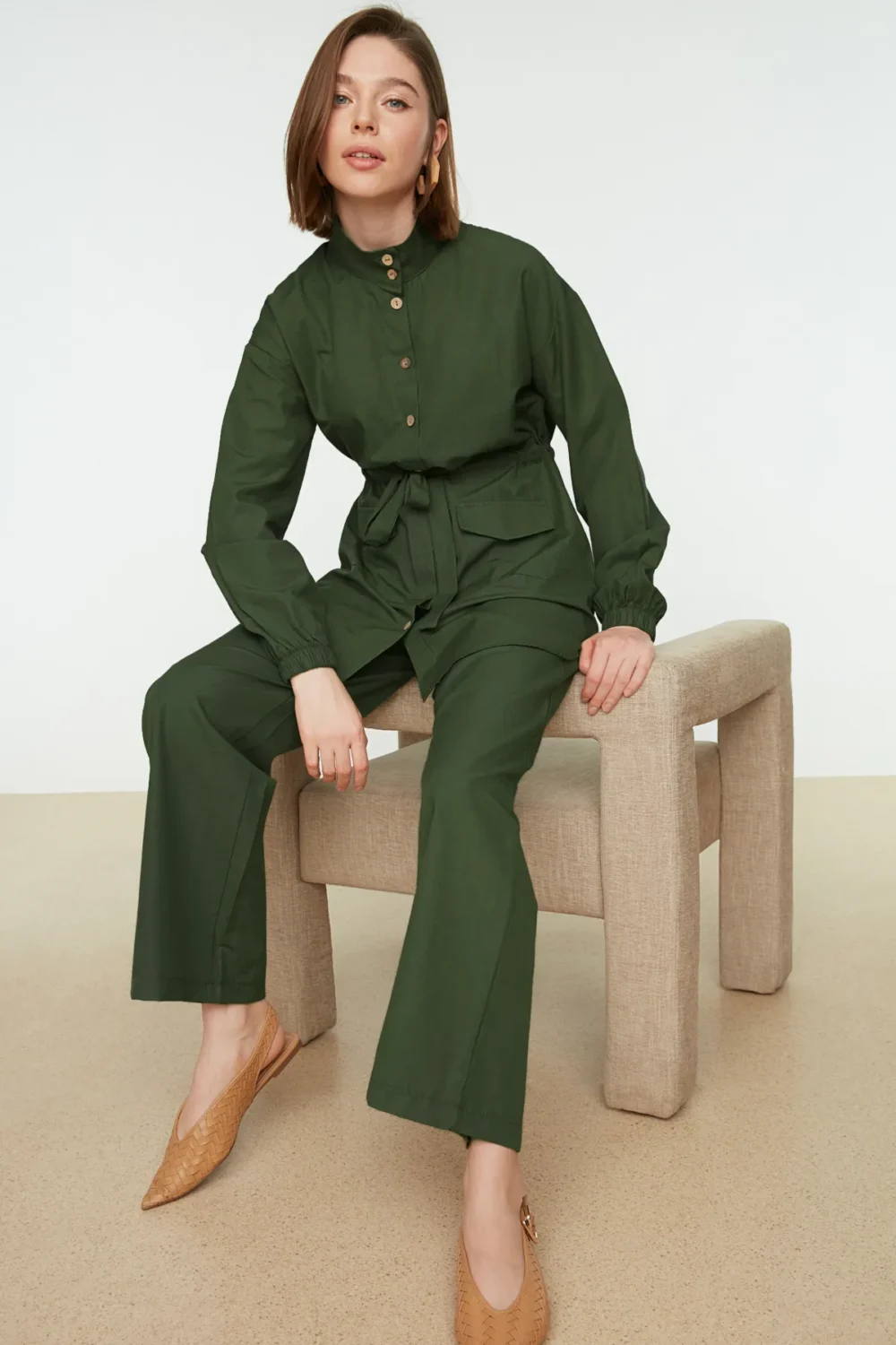 Khaki Stand Collar Belted Shirt-Pants Suit - Image 3