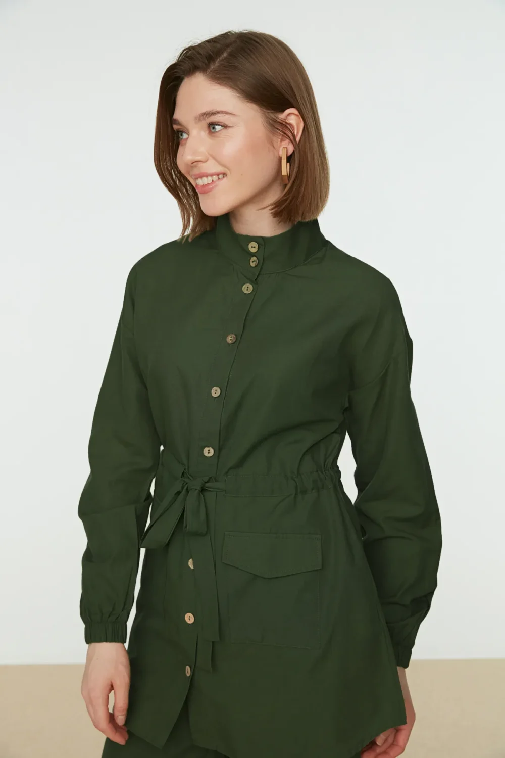 Khaki Stand Collar Belted Shirt-Pants Suit - Image 4
