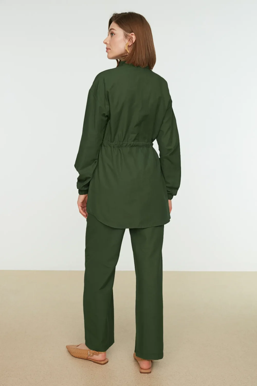 Khaki Stand Collar Belted Shirt-Pants Suit - Image 6