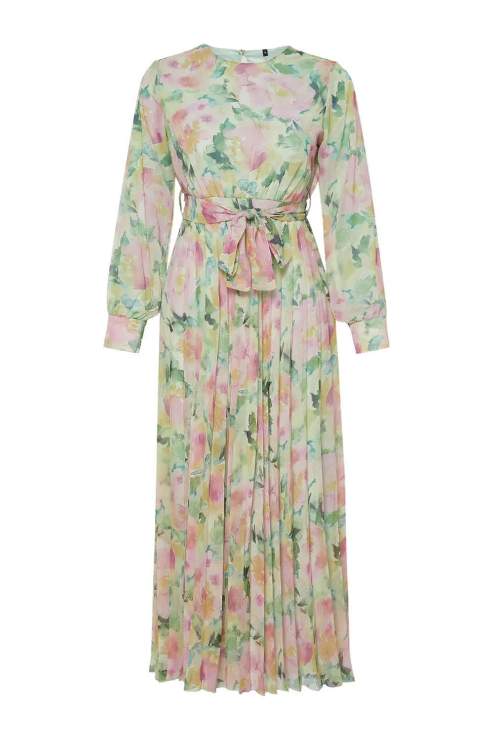 Light Green Floral Belt Detailed Lined Pleated Chiffon Dress - Image 8