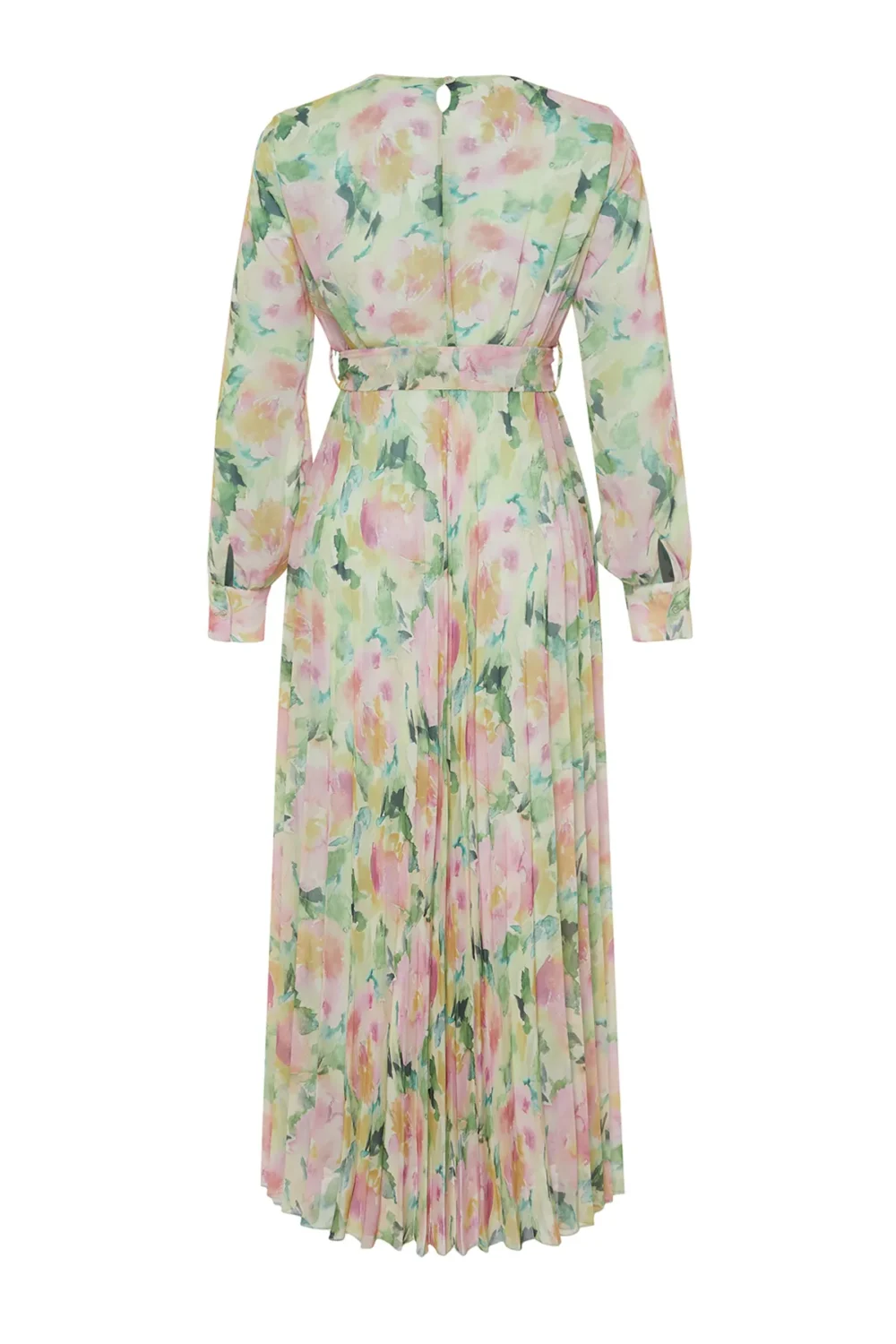 Light Green Floral Belt Detailed Lined Pleated Chiffon Dress - Image 9