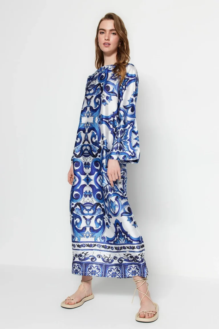 Blue Silk Ethnic Patterned Dress
