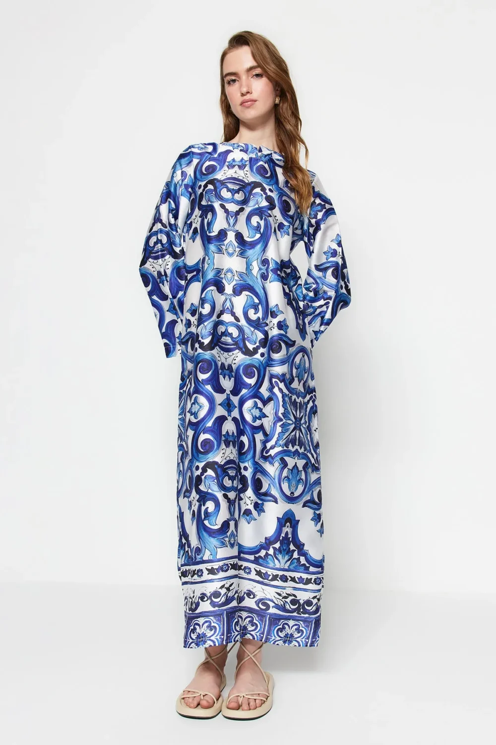 Blue Silk Ethnic Patterned Dress - Image 3