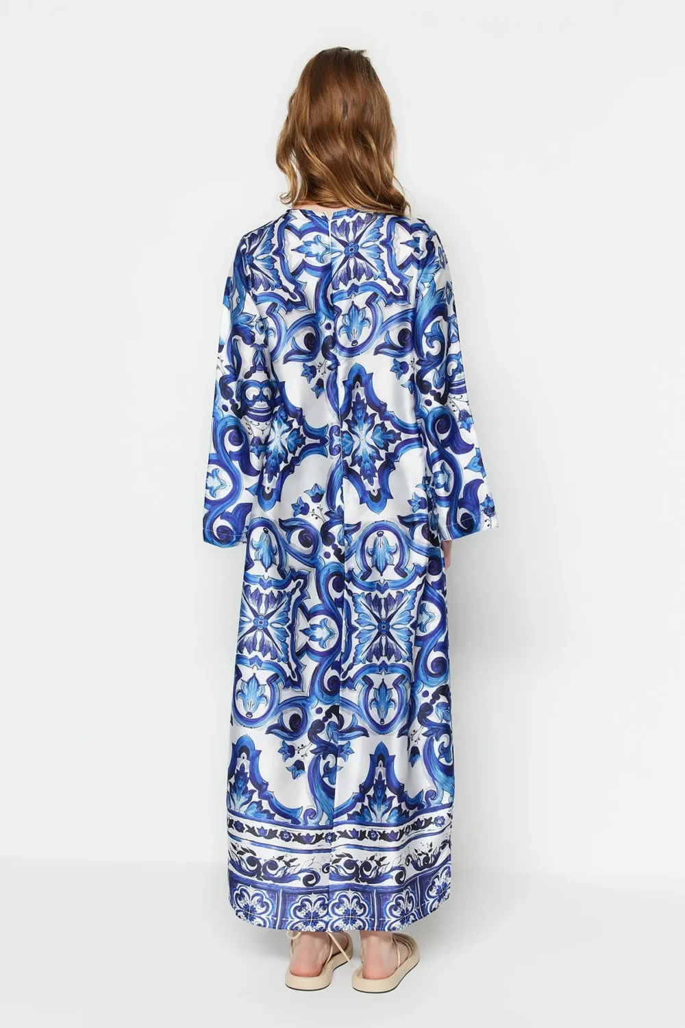 Blue Silk Ethnic Patterned Dress - Image 4