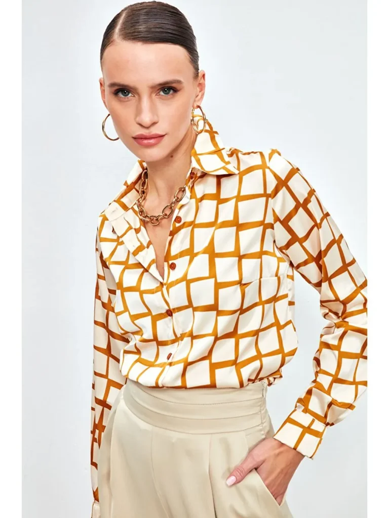Brown Square Patterned Satin Shirt - Camel