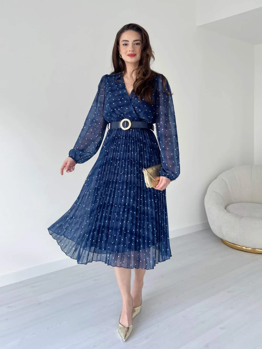 Polka Dot Pattern Suede Belted Midi Dress - Image 9
