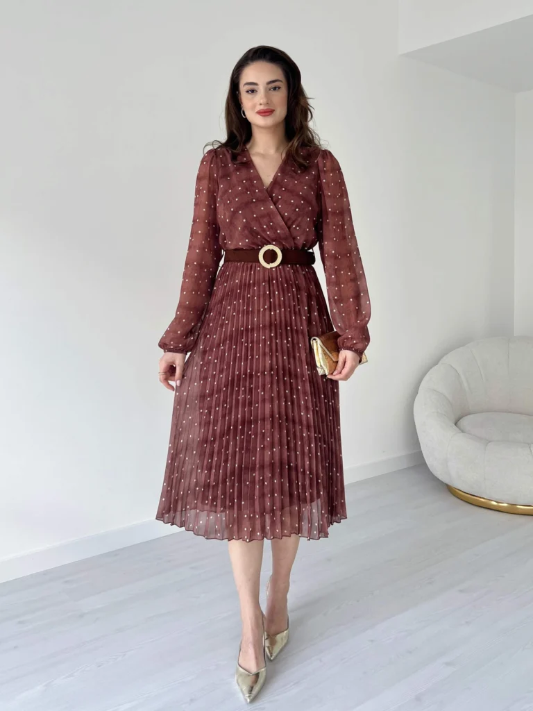 Polka Dot Pattern Suede Belted Midi Dress