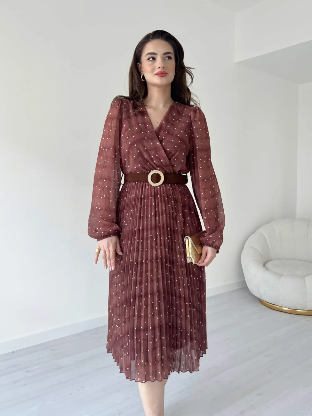 Polka Dot Pattern Suede Belted Midi Dress - Image 2