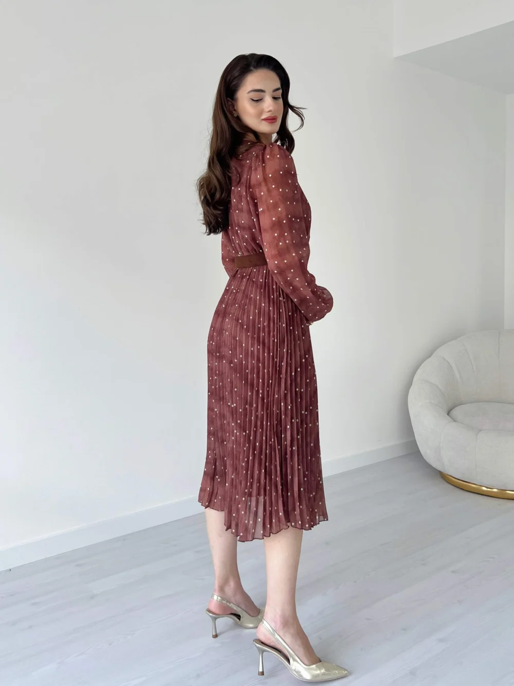Polka Dot Pattern Suede Belted Midi Dress - Image 4