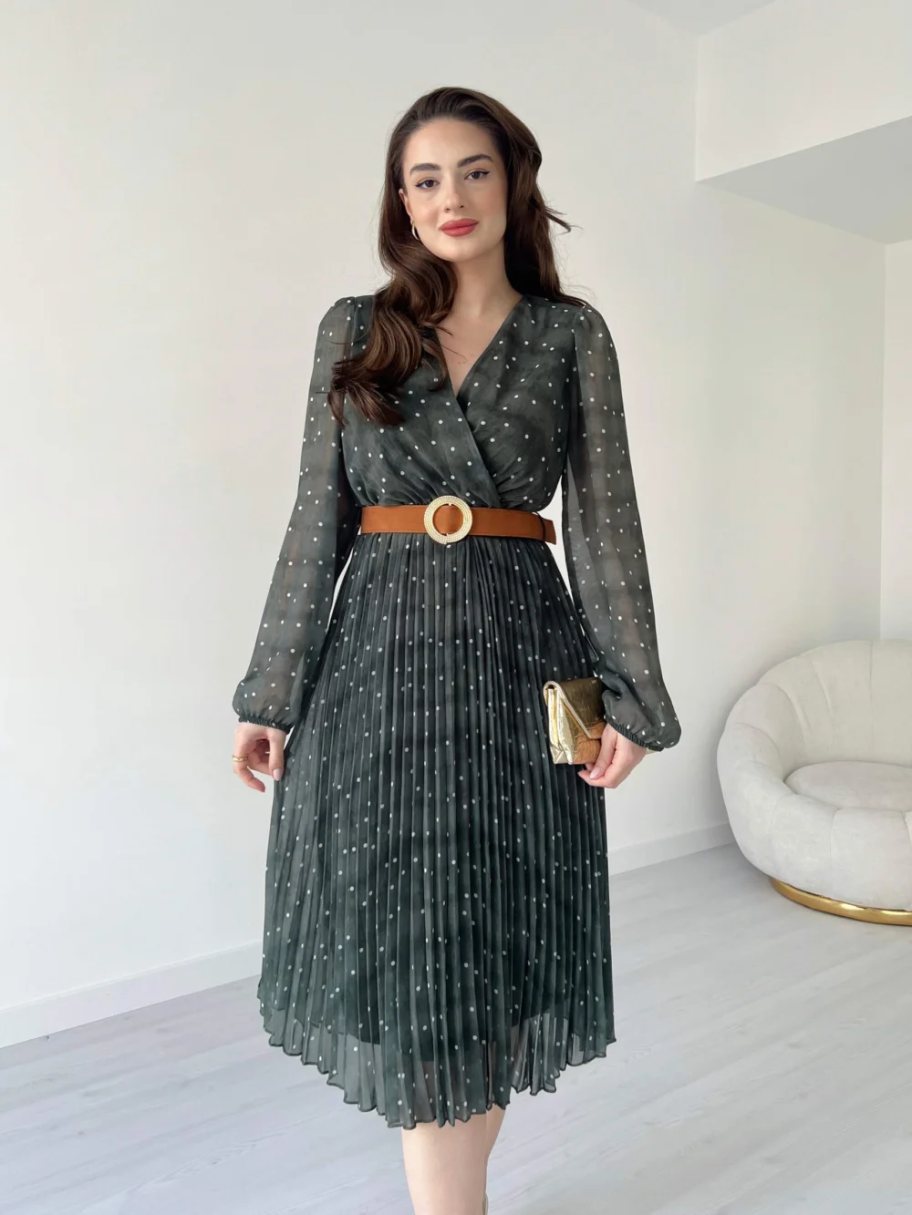 Polka Dot Pattern Suede Belted Midi Dress - Image 5