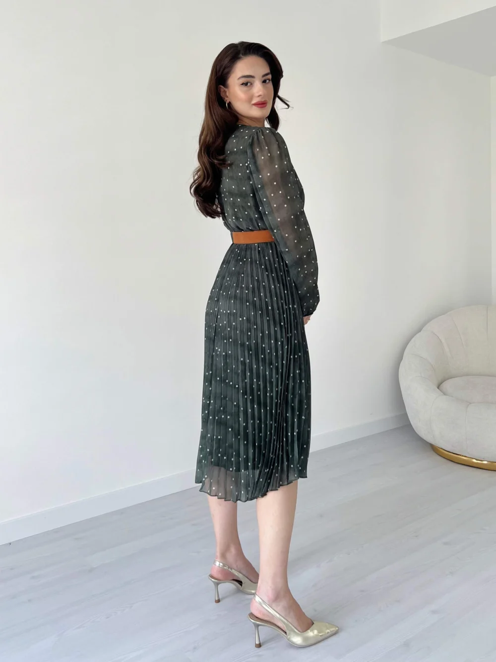 Polka Dot Pattern Suede Belted Midi Dress - Image 6
