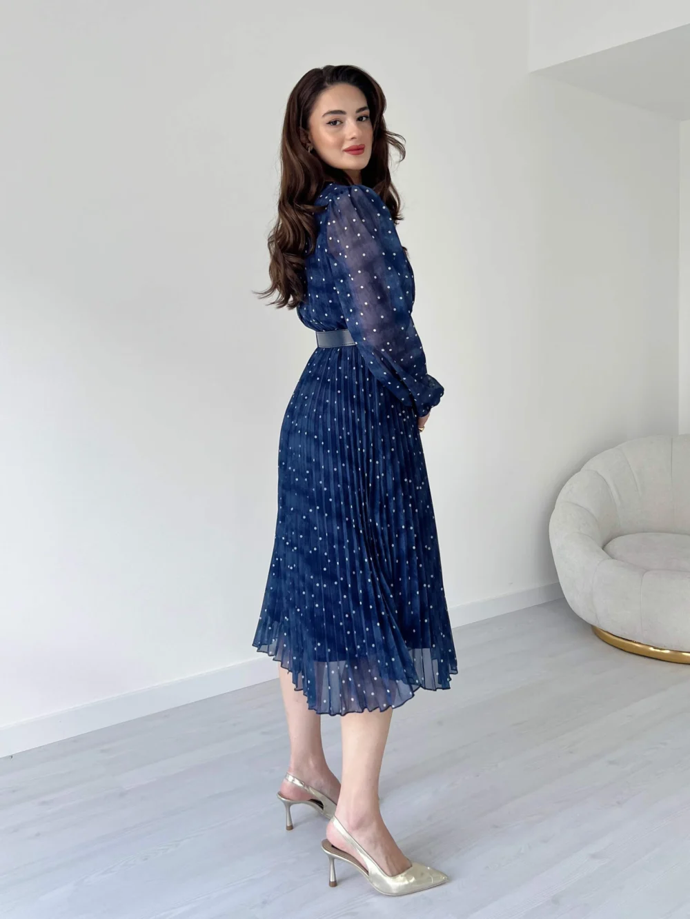 Polka Dot Pattern Suede Belted Midi Dress - Image 11