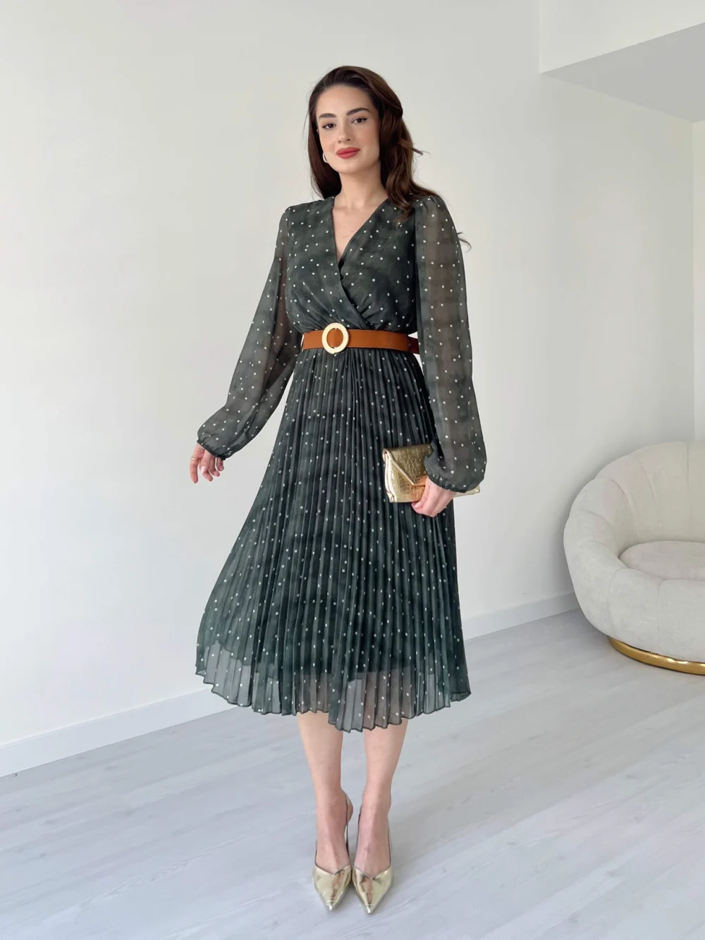 Polka Dot Pattern Suede Belted Midi Dress - Image 8