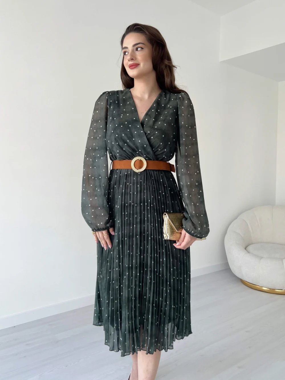 Polka Dot Pattern Suede Belted Midi Dress - Image 7