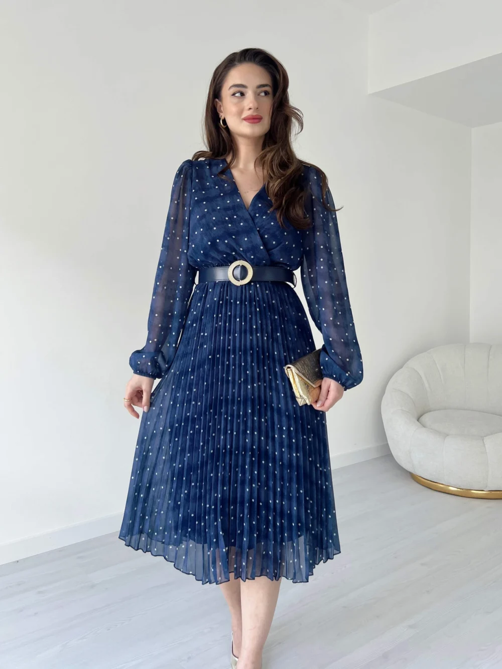 Polka Dot Pattern Suede Belted Midi Dress - Image 10