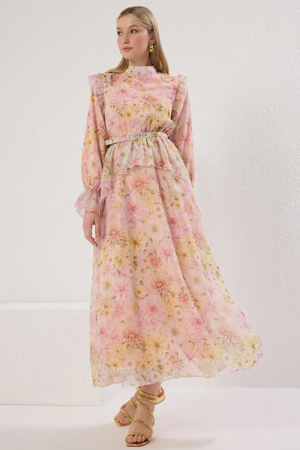 Multicolored Chiffon Lined Floral Dress - Image 3