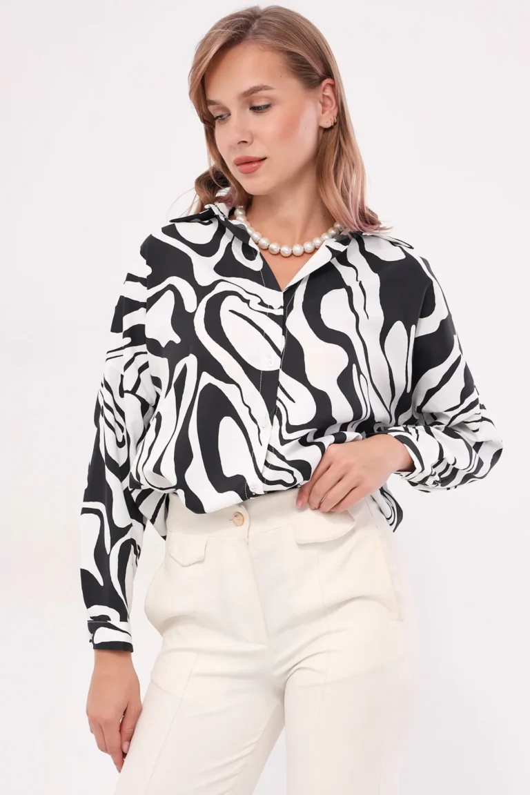Women's Black Patterned Oversize Long Basic Shirt