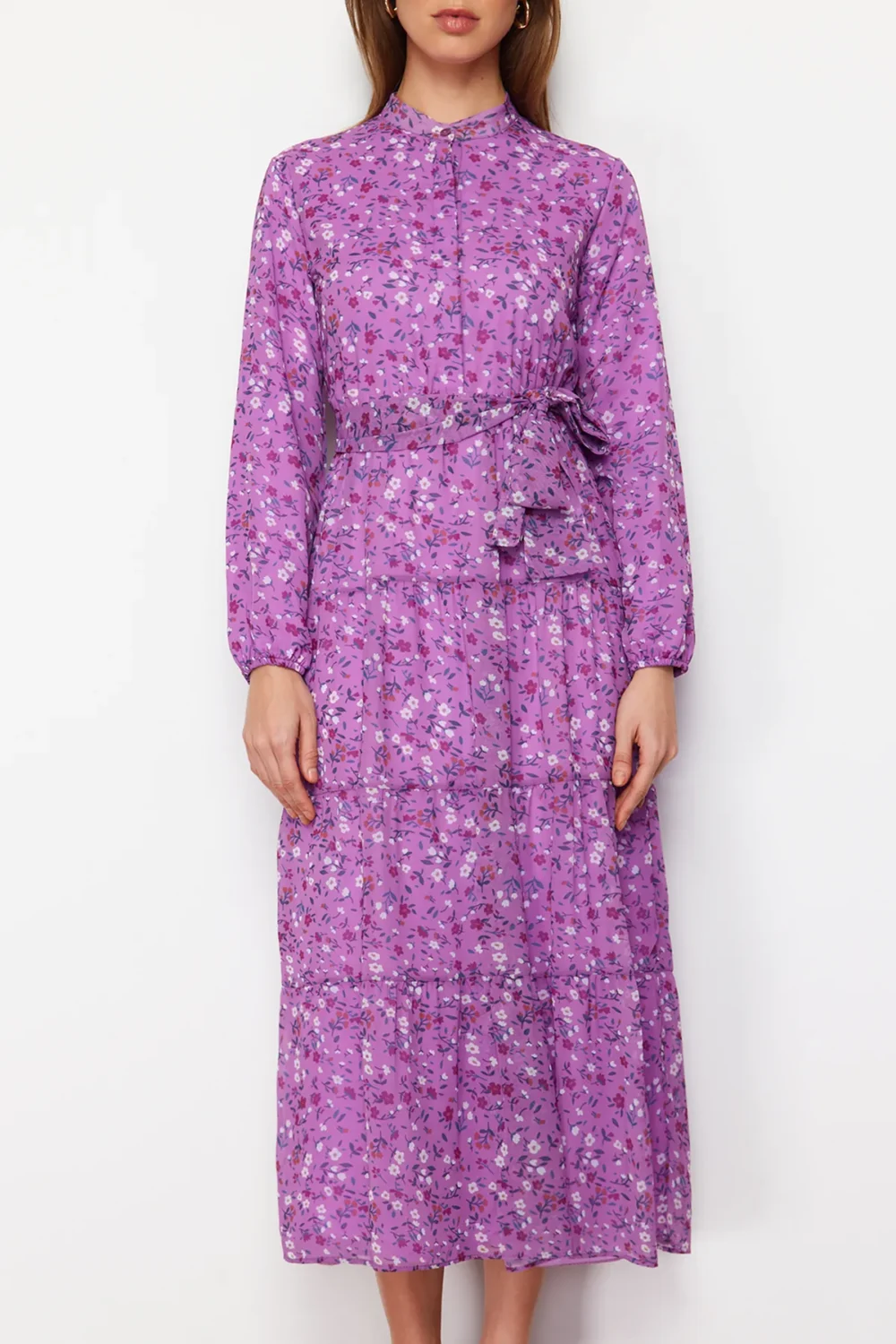 Lilac Floral Patterned Belted Stand Collar Chiffon Dress - Image 5
