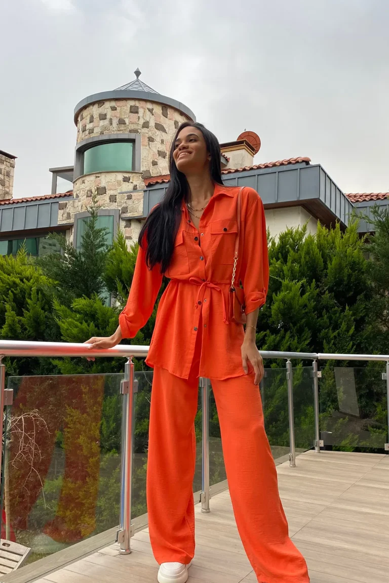Women's Orange Double Pocket Safari Jacket and Elastic Waist Wide Leg Trousers Set