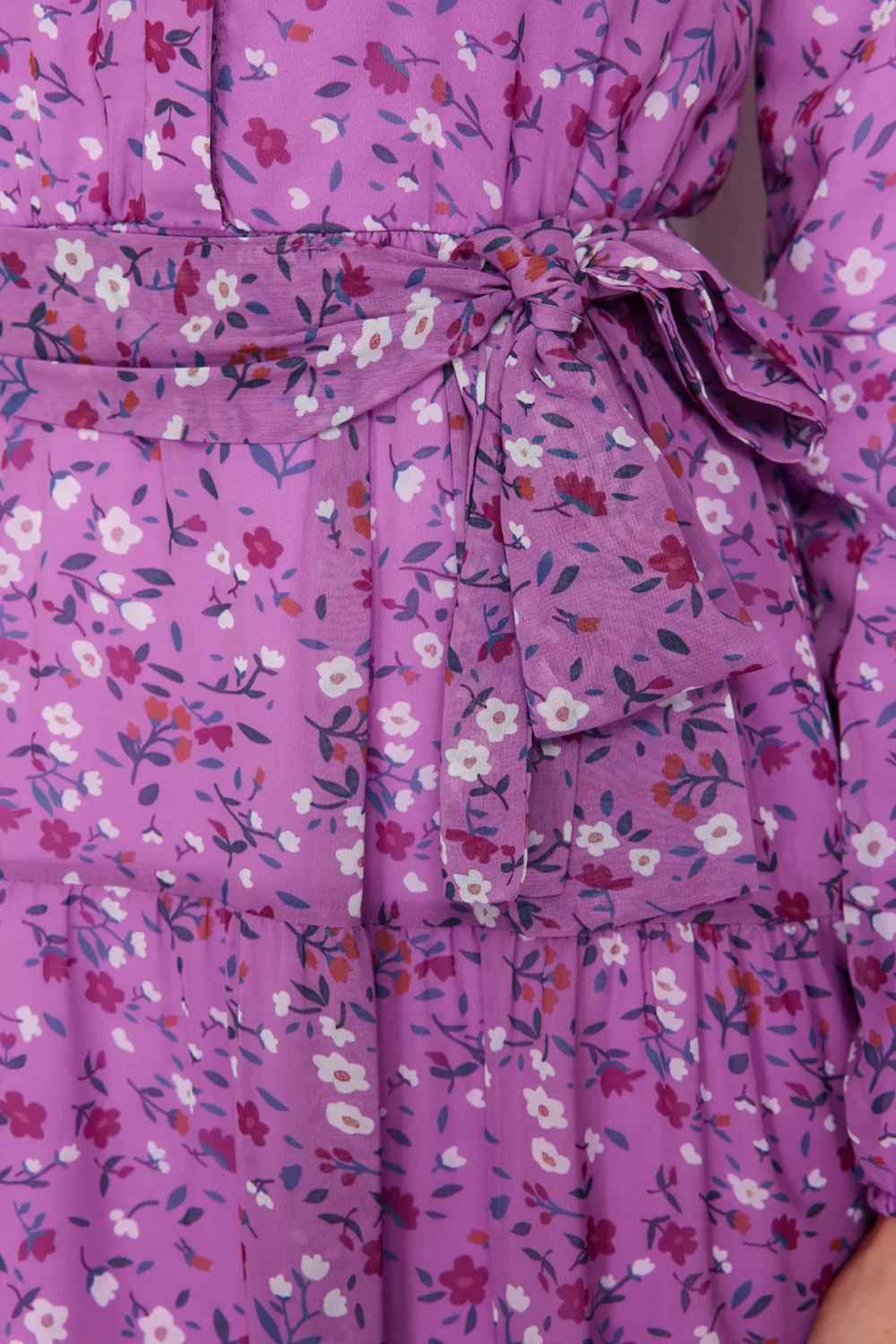 Lilac Floral Patterned Belted Stand Collar Chiffon Dress - Image 7