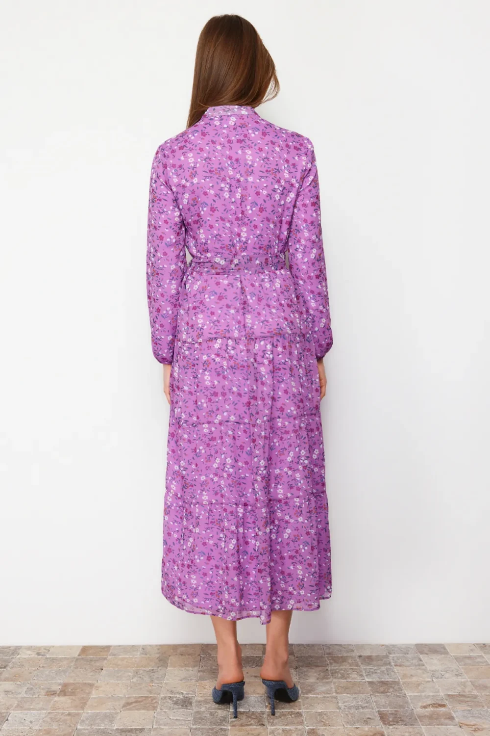 Lilac Floral Patterned Belted Stand Collar Chiffon Dress - Image 6