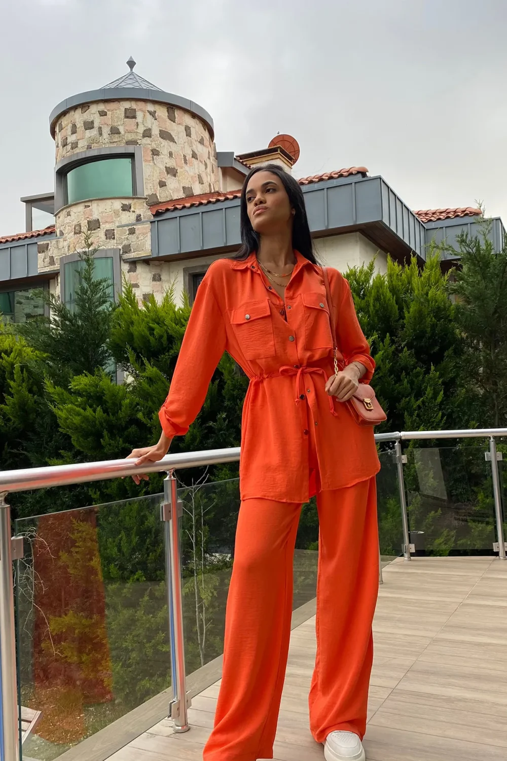 Women's Orange Double Pocket Safari Jacket and Elastic Waist Wide Leg Trousers Set - Image 3