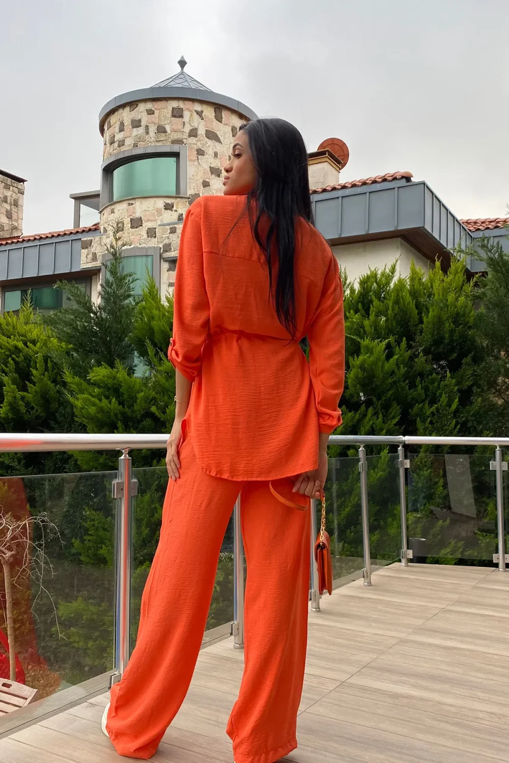 Women's Orange Double Pocket Safari Jacket and Elastic Waist Wide Leg Trousers Set - Image 4