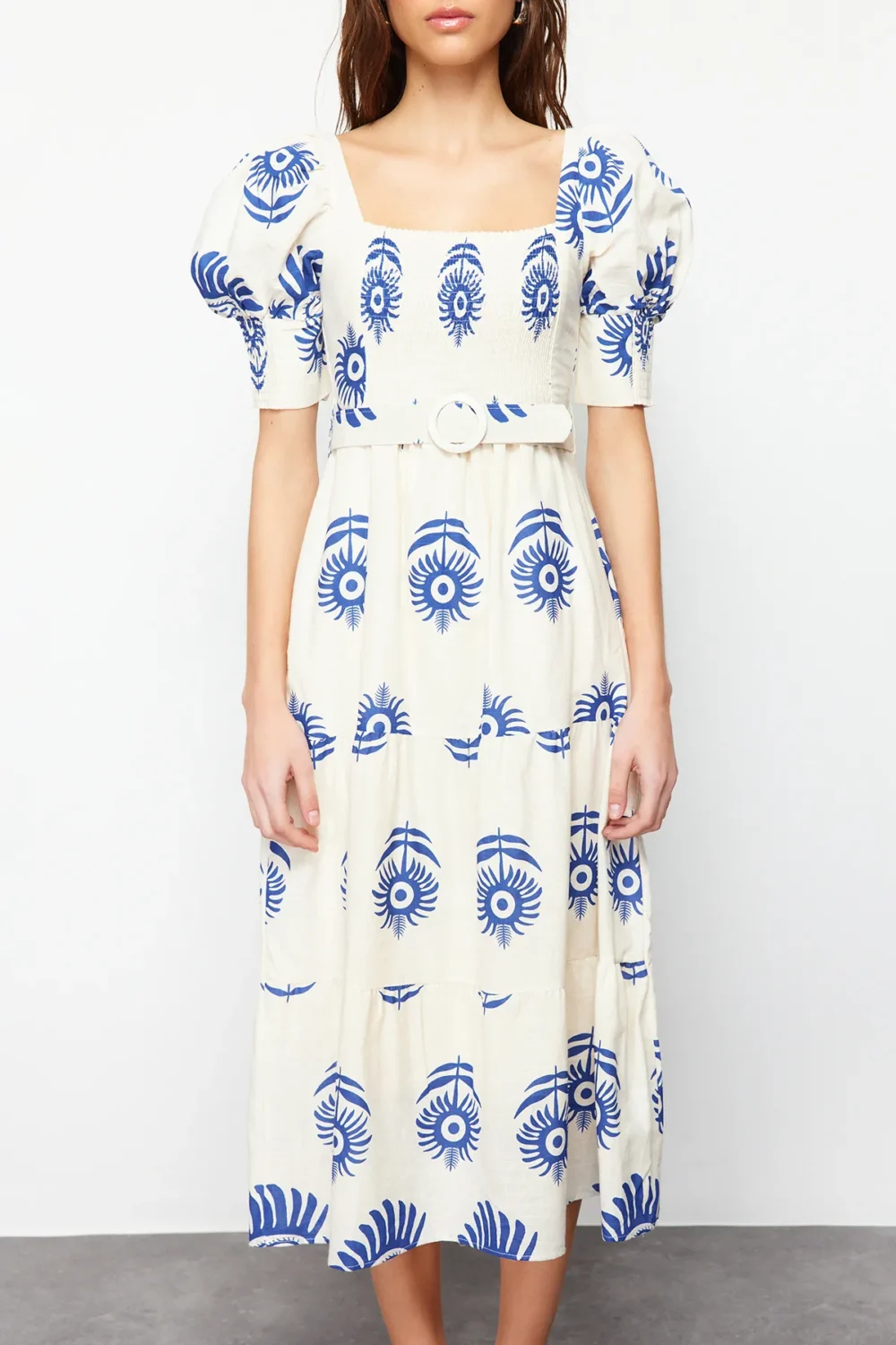 Blue Patterned Square Collar Linen Look Belted Dress - Image 5