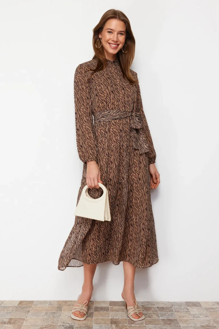Camel Patterned Belt Detailed Lined Chiffon  Dress