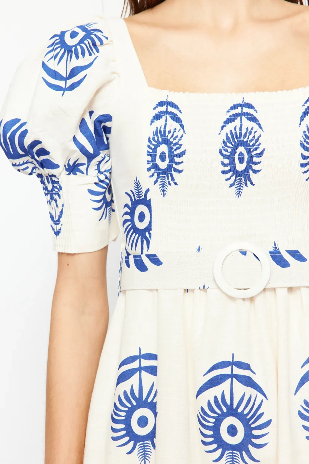 Blue Patterned Square Collar Linen Look Belted Dress - Image 6