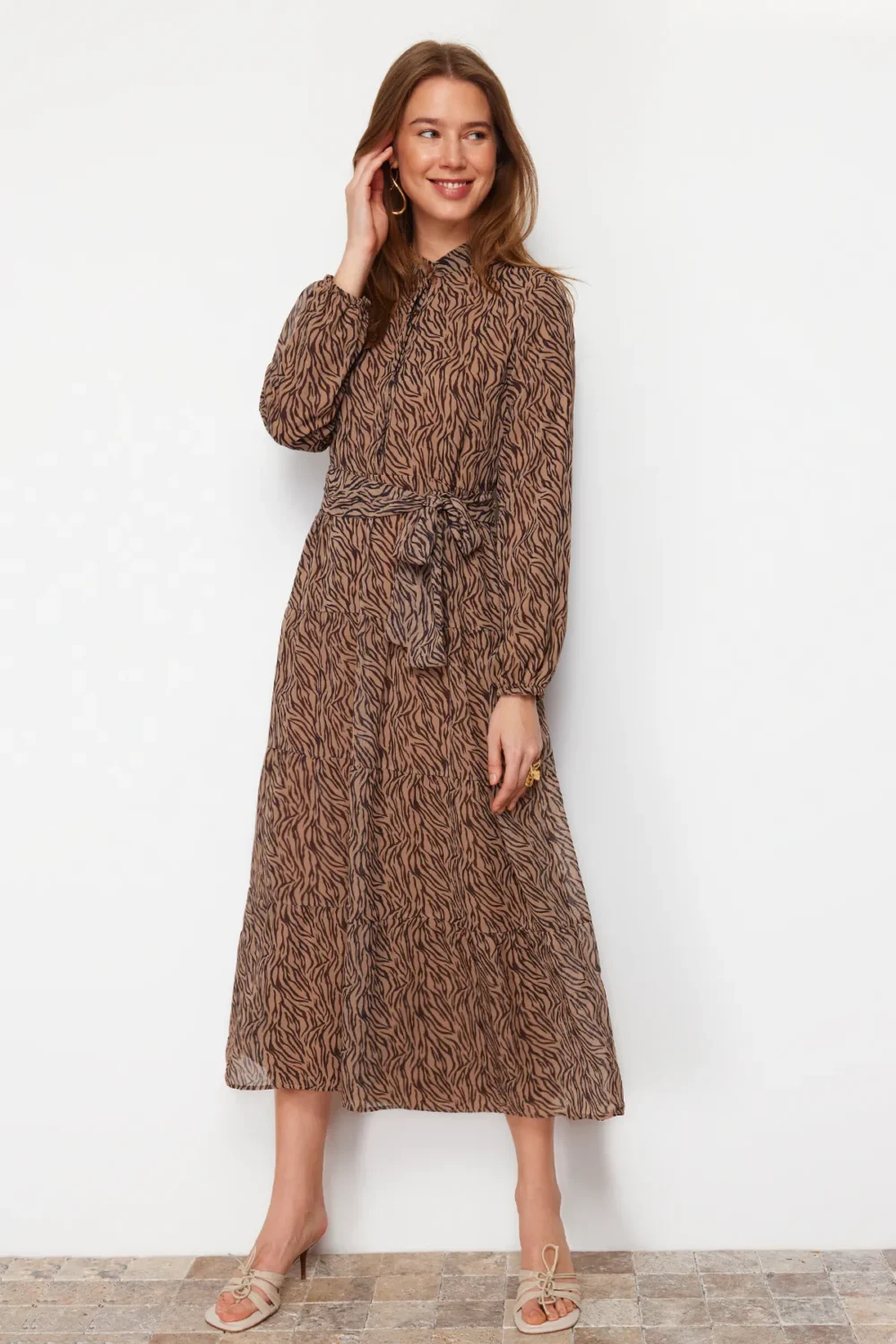 Camel Patterned Belt Detailed Lined Chiffon  Dress - Image 4