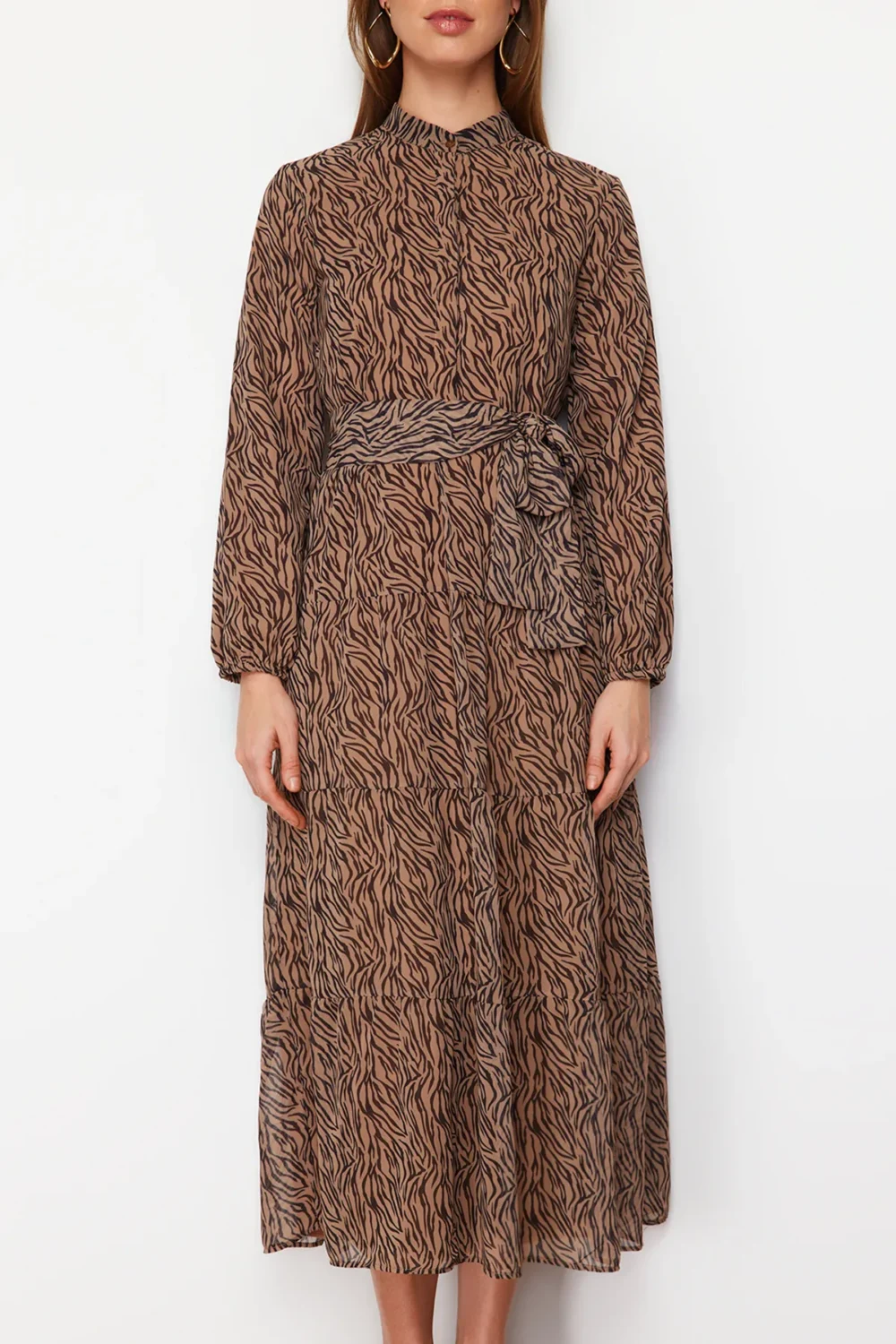 Camel Patterned Belt Detailed Lined Chiffon  Dress - Image 5