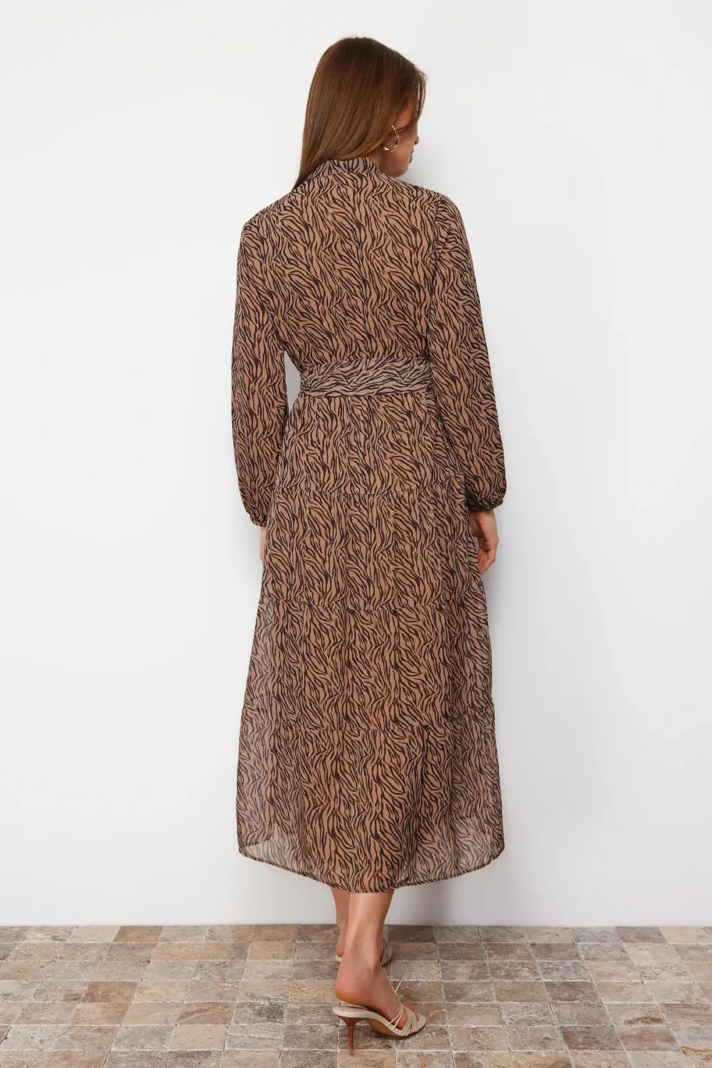 Camel Patterned Belt Detailed Lined Chiffon  Dress - Image 7