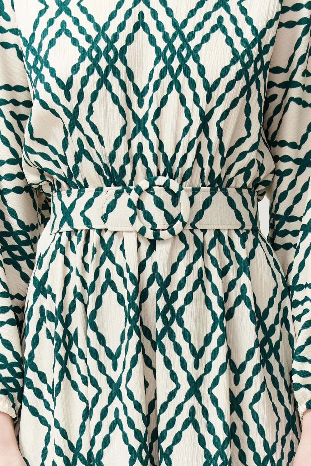 Green Patterned Belt Detailed Crinkle  Dress - Image 5
