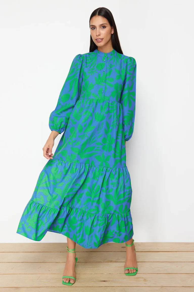 Blue Patterned Half Placket Wide Pattern Dress