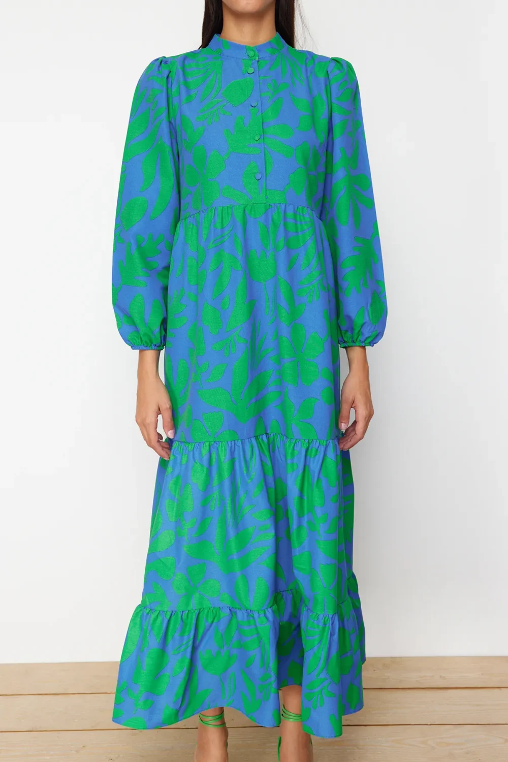 Blue Patterned Half Placket Wide Pattern Dress - Image 2