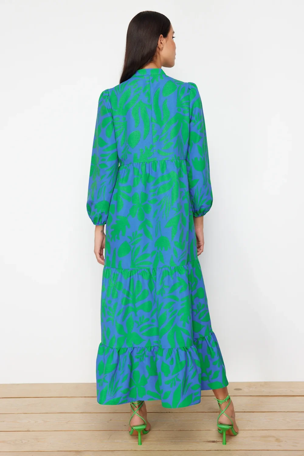 Blue Patterned Half Placket Wide Pattern Dress - Image 4