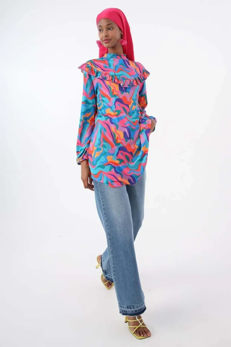 Turquoise-Pink-Ruffle Printed Patterned Tunic