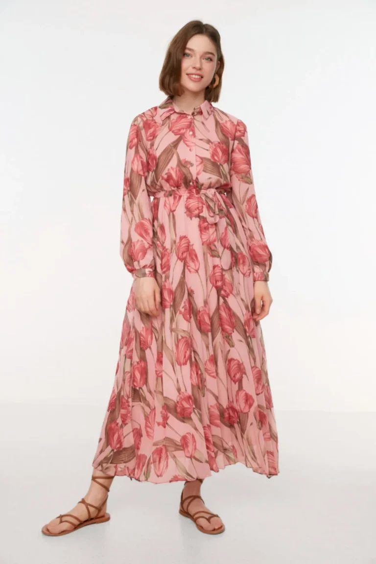 Pink Floral Patterned Shirt Collar Belted Lined Chiffon  Dress