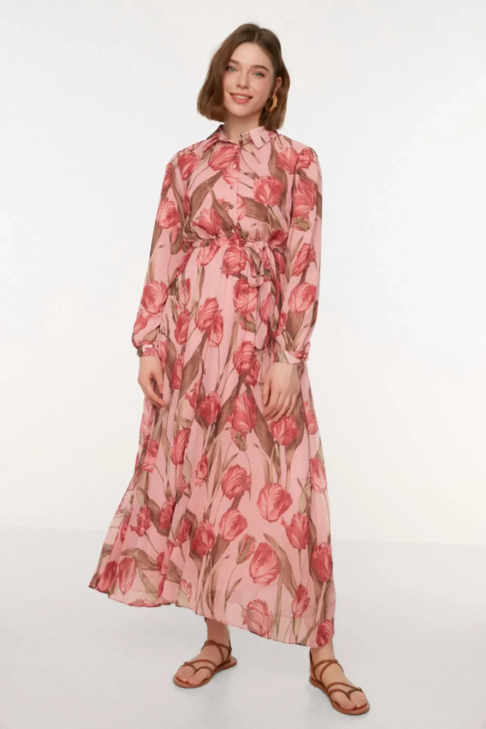 Pink Floral Patterned Shirt Collar Belted Lined Chiffon  Dress - Image 3