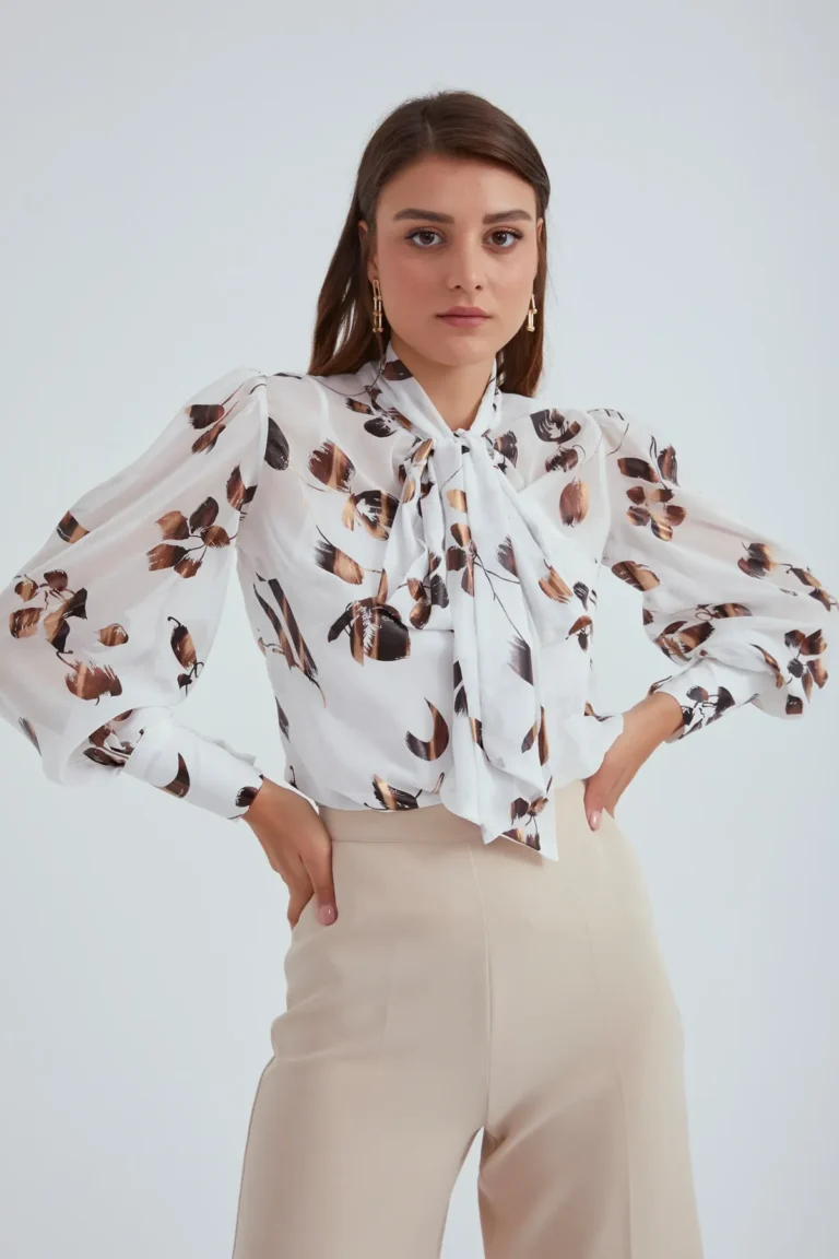 Collar Tie Printed Blouse