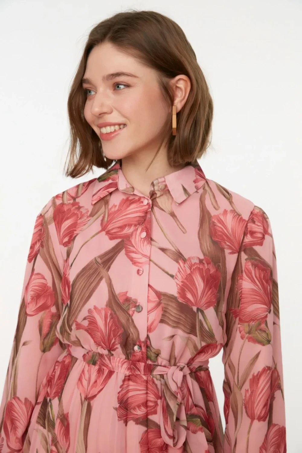 Pink Floral Patterned Shirt Collar Belted Lined Chiffon  Dress - Image 4