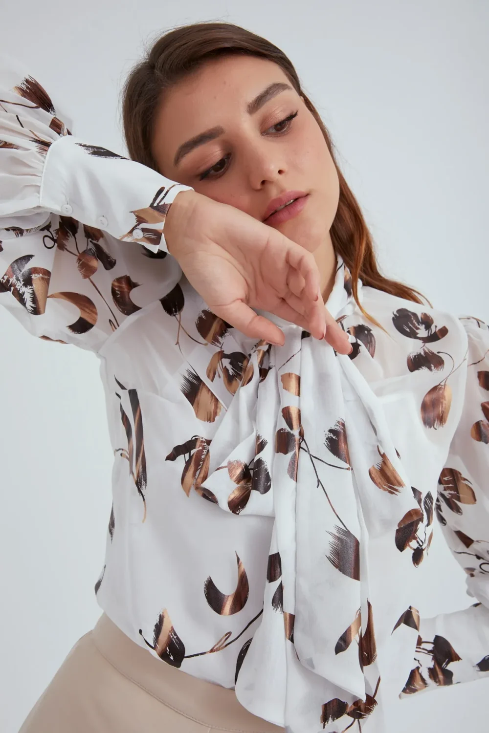 Collar Tie Printed Blouse - Image 4