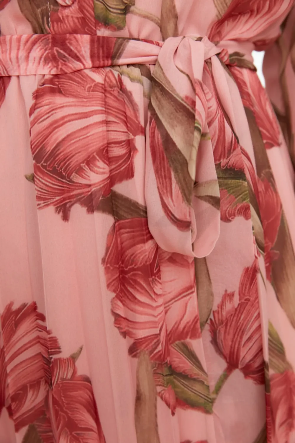 Pink Floral Patterned Shirt Collar Belted Lined Chiffon  Dress - Image 5