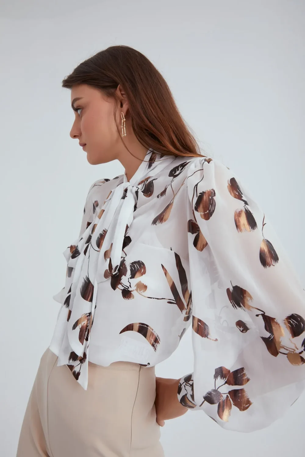 Collar Tie Printed Blouse - Image 5