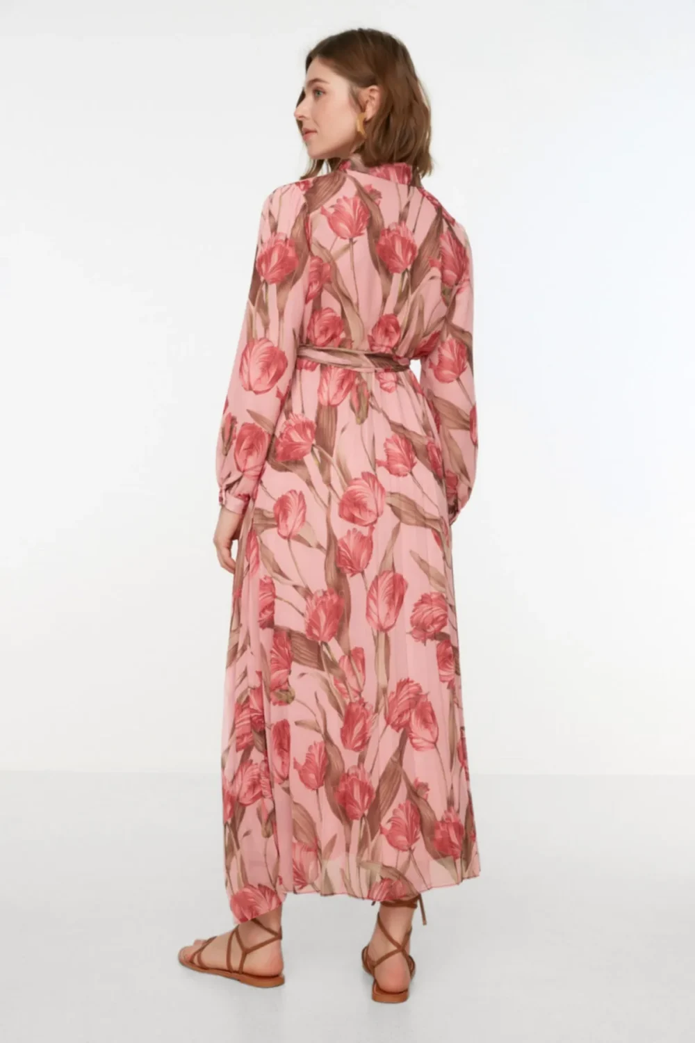 Pink Floral Patterned Shirt Collar Belted Lined Chiffon  Dress - Image 6