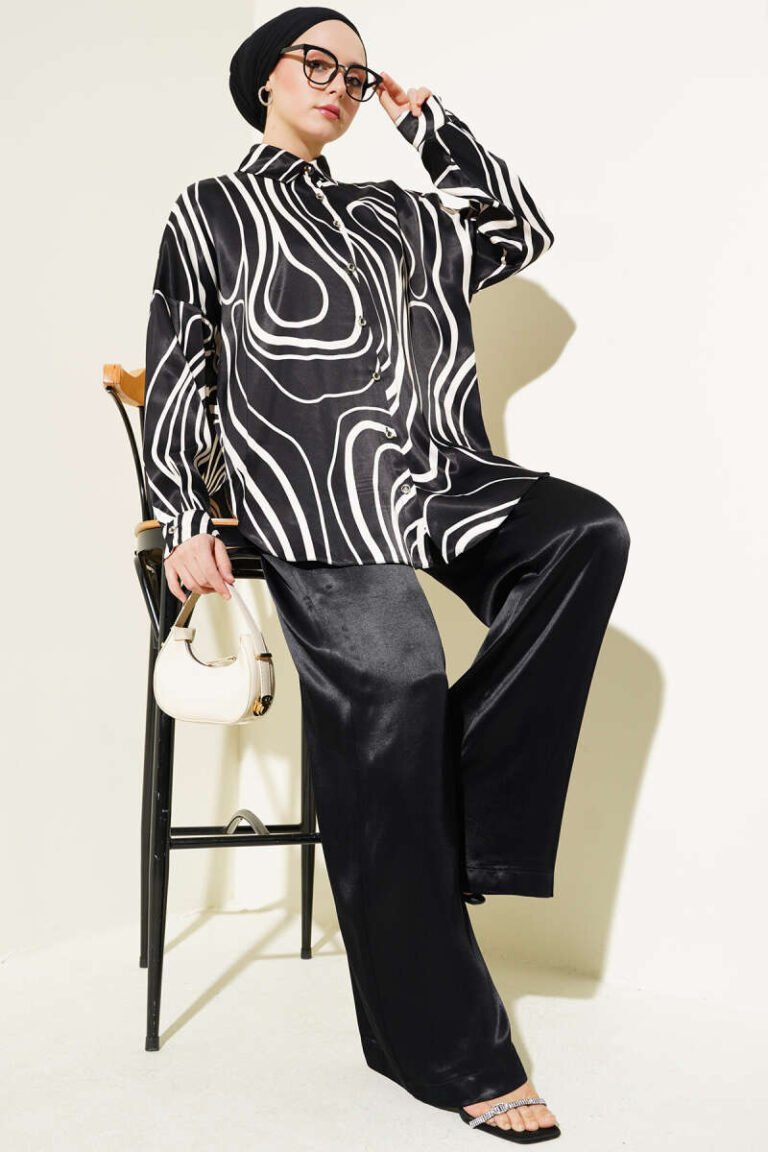 Patterned Shirt Casual Silk Two Piece Suit Black