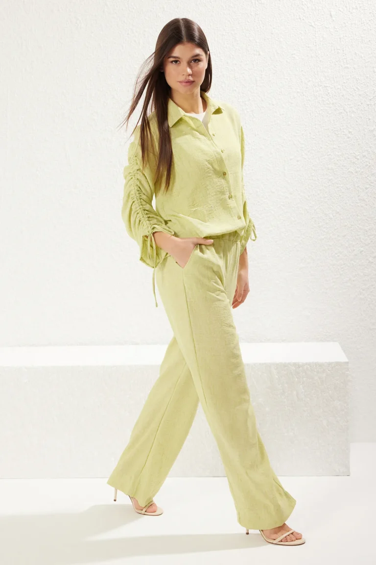 Light Green Linen Look Gathered  Bottom-Top Set
