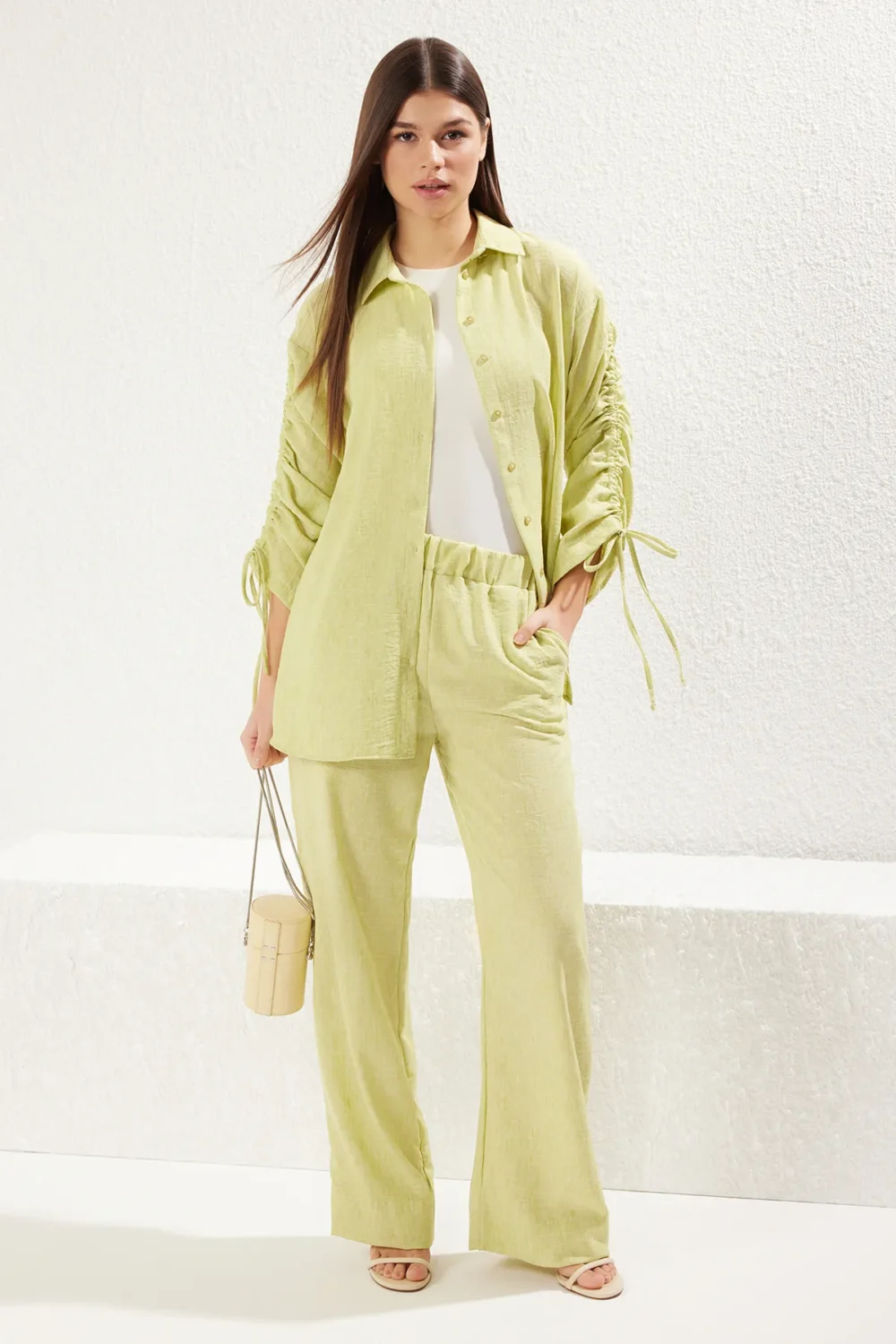 Light Green Linen Look Gathered  Bottom-Top Set - Image 3