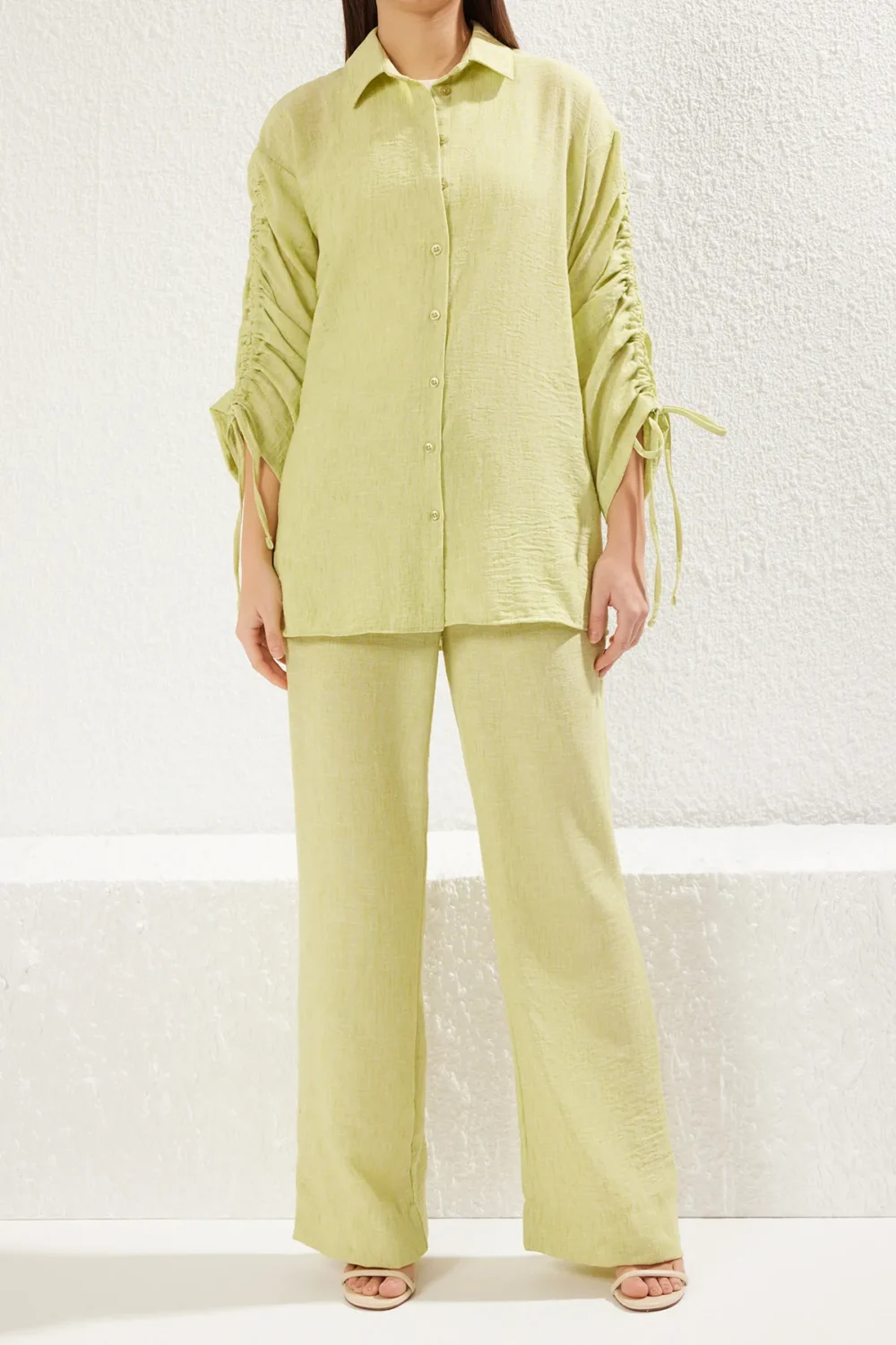 Light Green Linen Look Gathered  Bottom-Top Set - Image 4